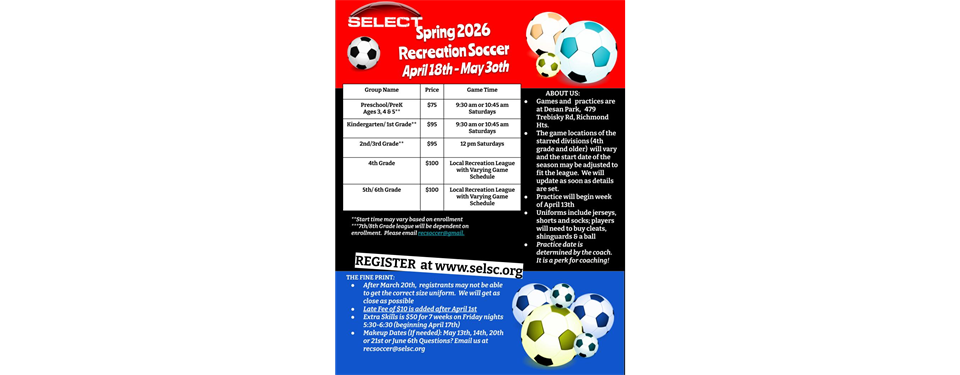 Spring Rec Soccer Opens February 1st!